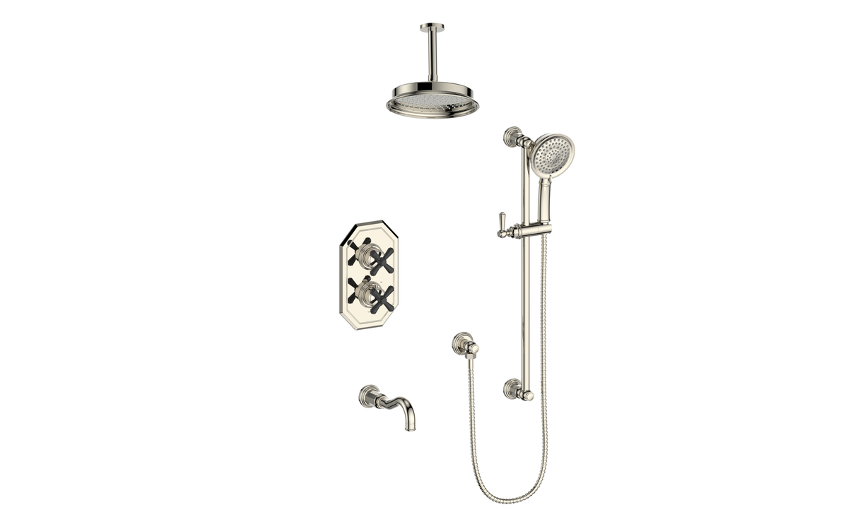 Vogt Carinthia Trim for 3-Way TH Shower Kit with 6" Ceiling Arm - Cross Handle (C3) / Polished Nickel/Matte Black