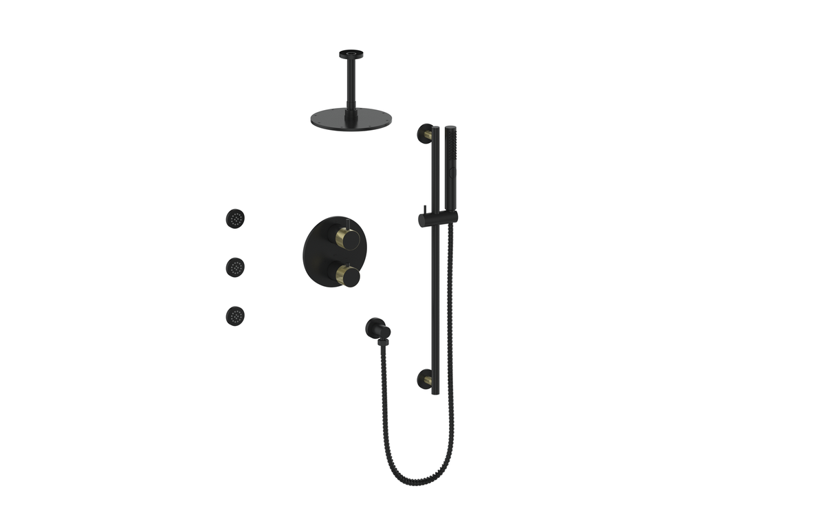 Vogt Drava 3-Way TH Shower Kit with Body Jets and 6" Ceiling Arm - Brushed Gold/Matte Black