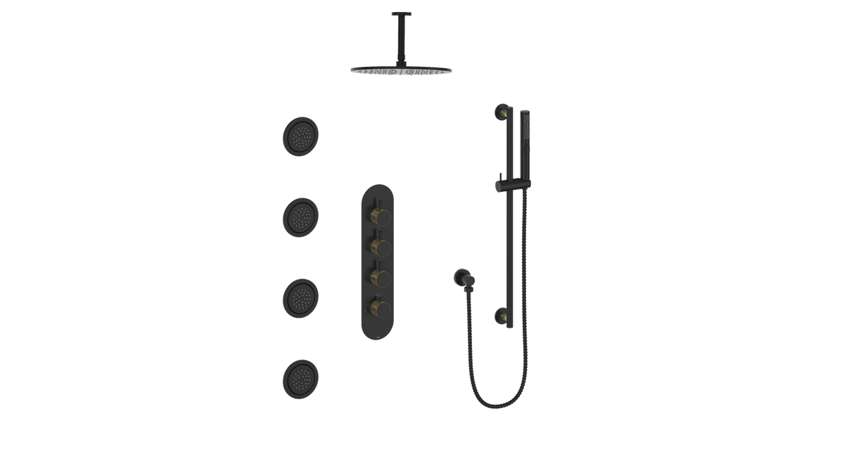 Vogt Drava 3-Way TH Shower Kit with Body Jets and 6" Ceiling Arm - Brushed Gold/Matte Black