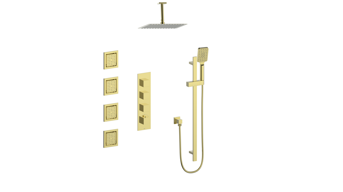 Vogt Kapfenberg 3/4" High-Flow TH Shower Kit with Body Jets and 6" Ceiling Arm - Brushed Gold