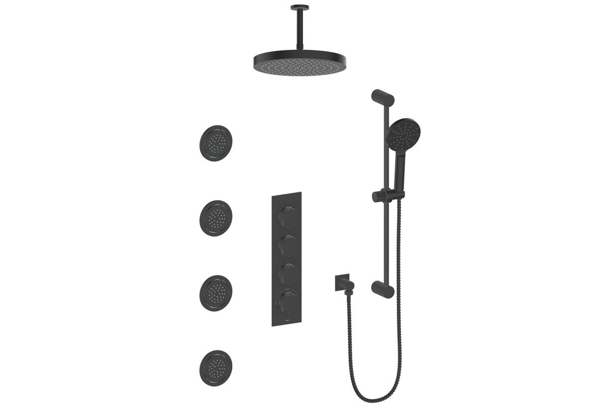 Vogt Mond 3/4" High-Flow TH Shower Kit with Body Jets and 6" Ceiling Arm - Moon Handle (M1) / Matte Black