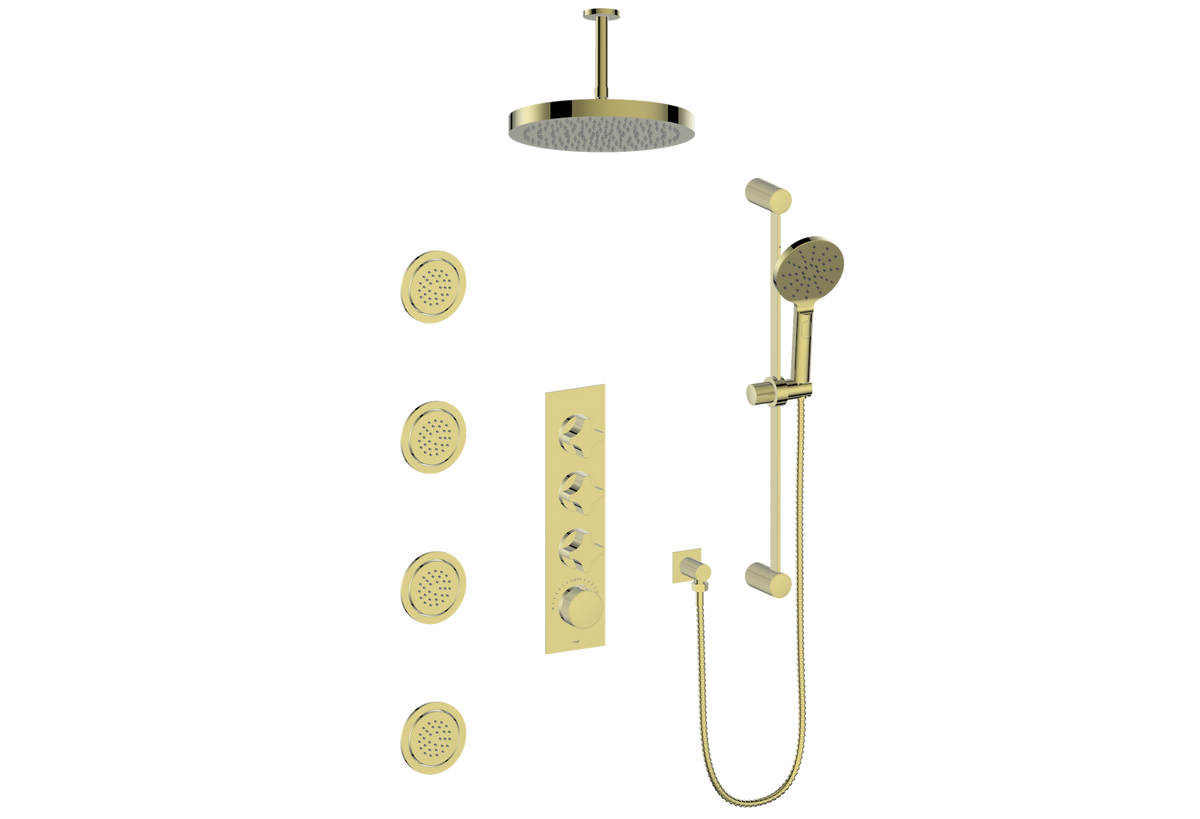Vogt Mond 3/4" High-Flow TH Shower Kit with Body Jets and 6" Ceiling Arm - Crescent Handle (M2) / Brushed Gold