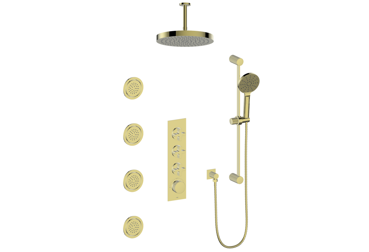 Vogt Mond 3/4" High-Flow TH Shower Kit with Body Jets and 6" Ceiling Arm - Cross Handle (M3) / Brushed Gold