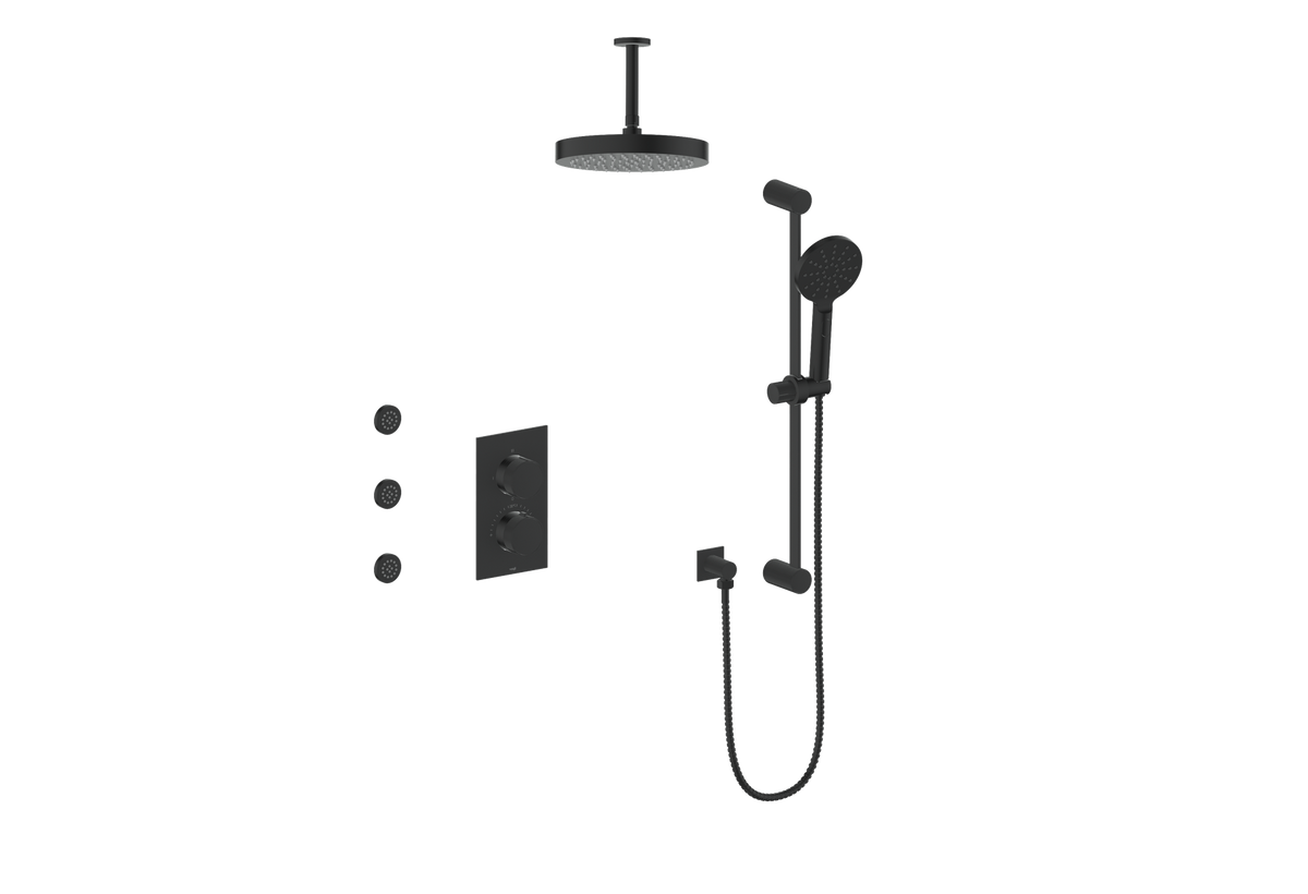 Vogt Mond 3-Way TH Shower Kit with Body Jets and 6" Ceiling Arm - Moon Handle (M1) / Matte Black