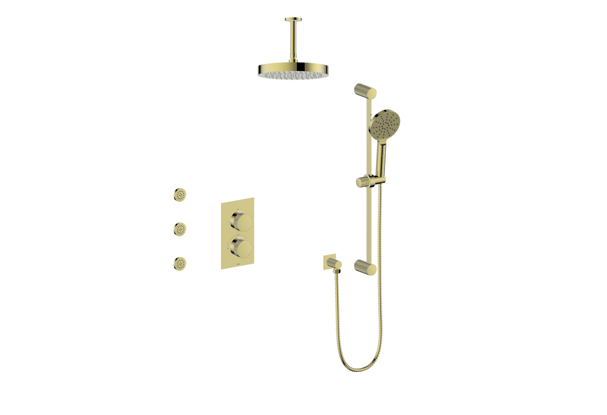 Vogt Mond 3-Way TH Shower Kit with Body Jets and 6" Ceiling Arm - Moon Handle (M1) / Brushed Gold