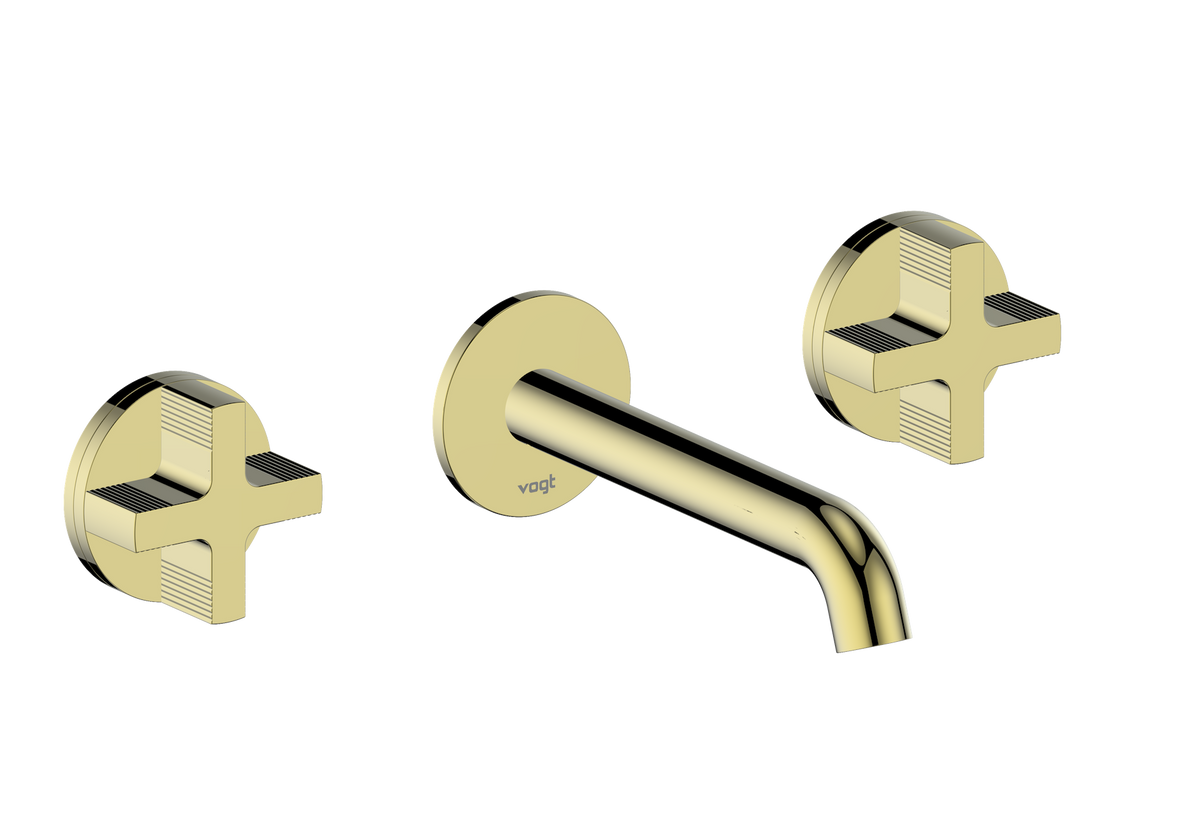 Vogt Mond 8" C.C. Wall Mount Lavatory Faucet - Cross Handle (M3) / Brushed Gold
