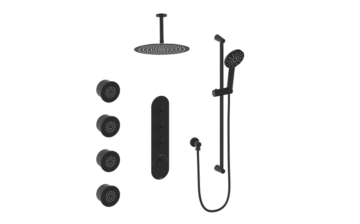 Vogt Worgl 3/4" High-Flow TH Shower Kit with Body Jets and 6" Ceiling Arm - Matte Black