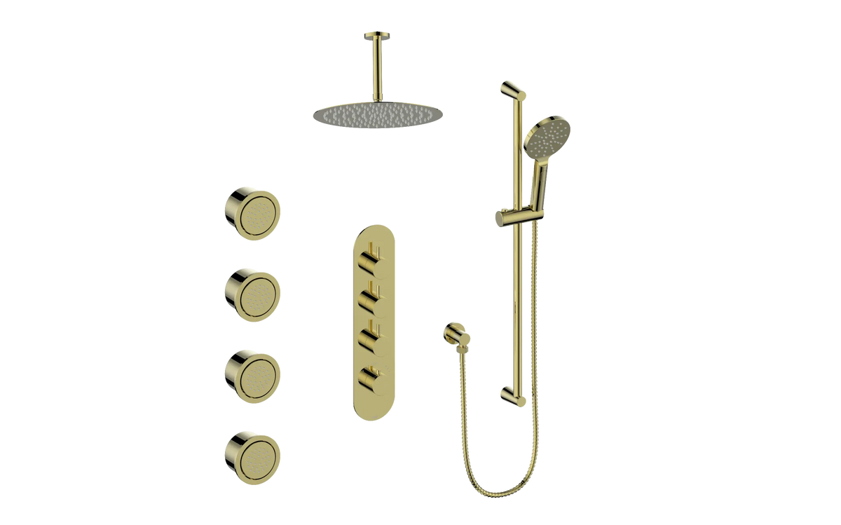Vogt Worgl 3/4" High-Flow TH Shower Kit with Body Jets and 6" Ceiling Arm - Brushed Gold