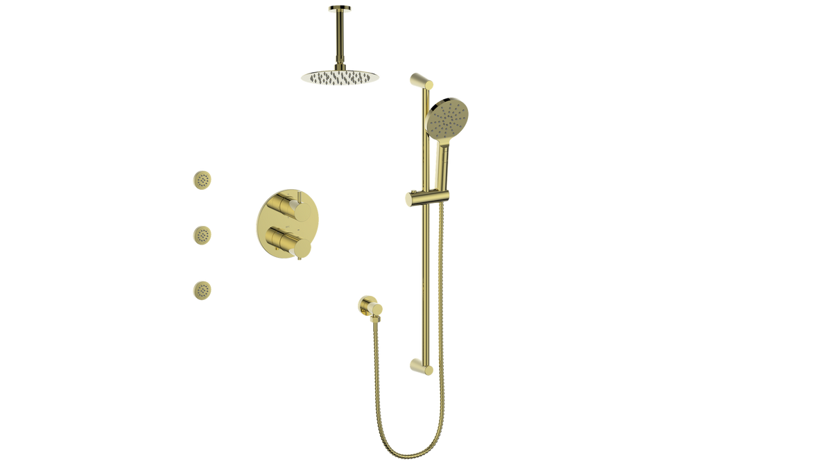 Vogt Worgl 3-Way TH Shower Kit with Body Jets and 6" Ceiling Arm - Brushed Gold