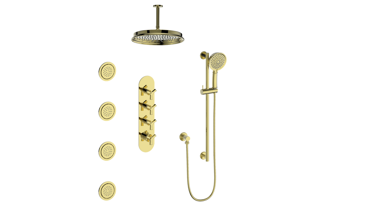 Vogt Zehn 3/4" High-Flow TH Shower Kit with Body Jets and 6" Ceiling Arm - 3-Spoke Handle (Z3) / Brushed Gold
