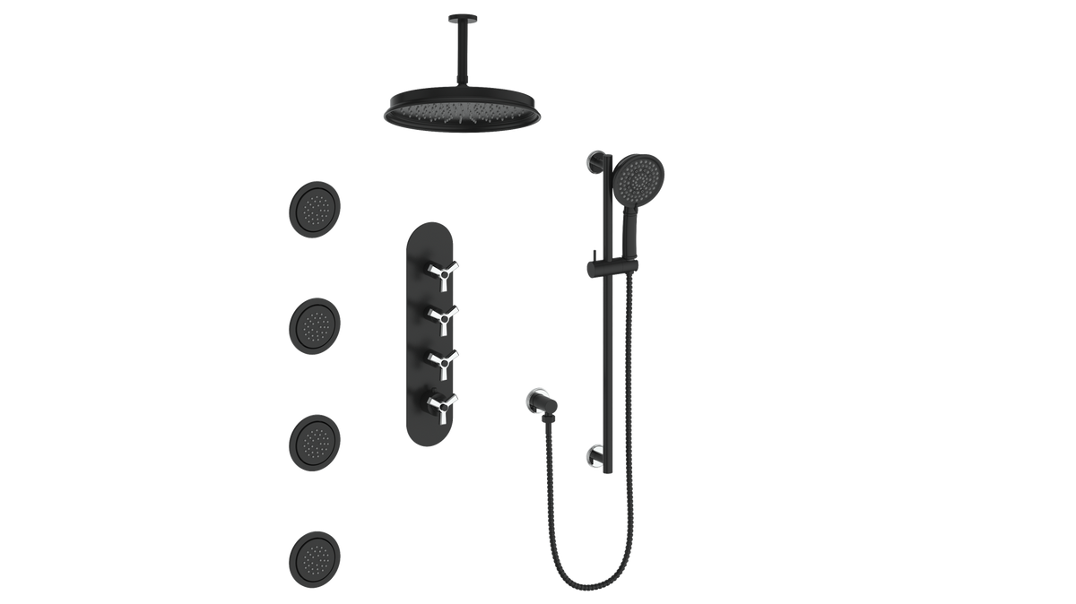 Vogt Zehn 3/4" High-Flow TH Shower Kit with Body Jets and 6" Ceiling Arm - 3-Spoke Handle (Z3) / Chrome/Matte Black