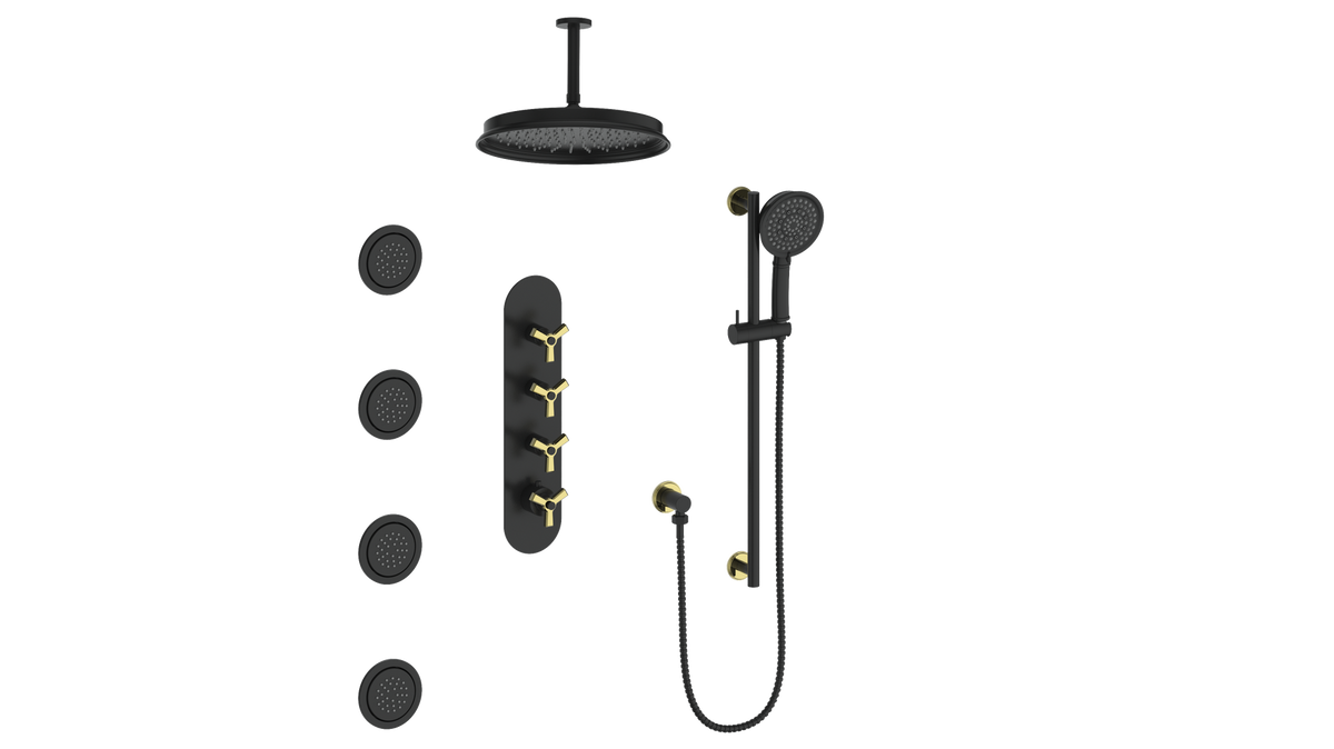 Vogt Zehn 3/4" High-Flow TH Shower Kit with Body Jets and 6" Ceiling Arm - 3-Spoke Handle (Z3) / Brushed Gold/Matte Black