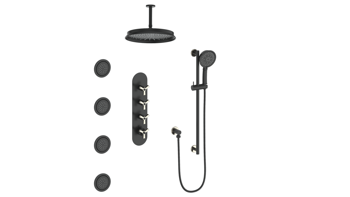 Vogt Zehn 3/4" High-Flow TH Shower Kit with Body Jets and 6" Ceiling Arm - 3-Spoke Handle (Z3) / Polished Nickel/Matte Black