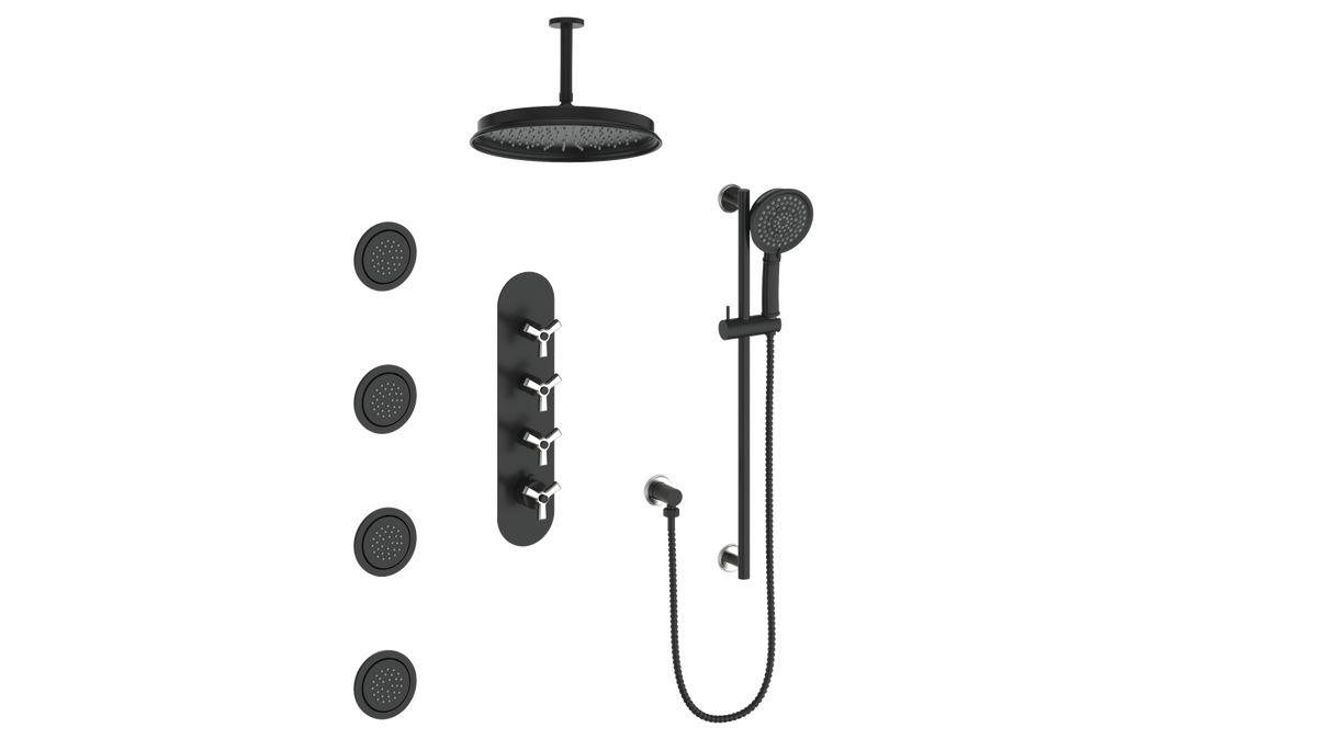 Vogt Zehn 3/4" High-Flow TH Shower Kit with Body Jets and 6" Ceiling Arm - 3-Spoke Handle (Z3) / Stainless Steel/Matte Black