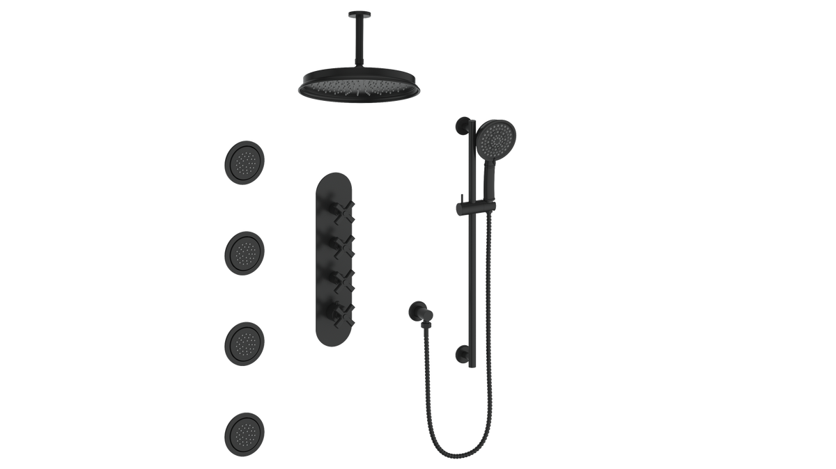 Vogt Zehn 3/4" High-Flow TH Shower Kit with Body Jets and 6" Ceiling Arm - 4-Spoke Handle (Z4) / Matte Black