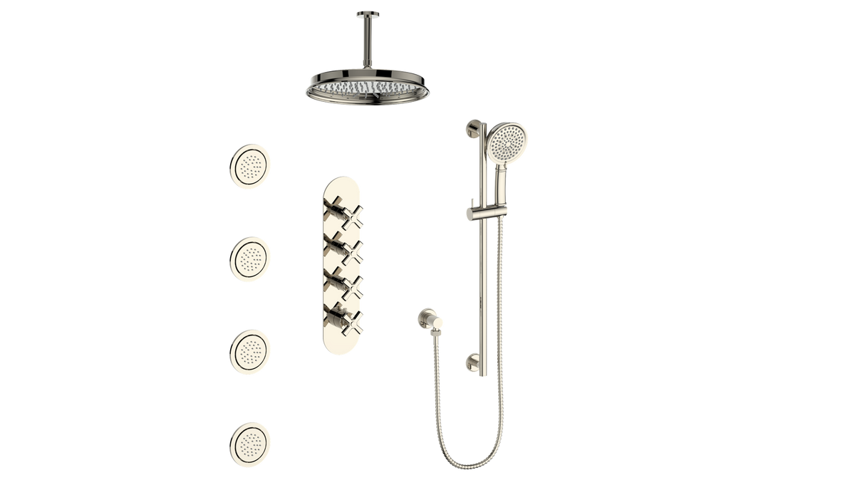 Vogt Zehn 3/4" High-Flow TH Shower Kit with Body Jets and 6" Ceiling Arm - 4-Spoke Handle (Z4) / Polished Nickel
