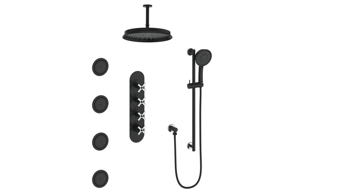 Vogt Zehn 3/4" High-Flow TH Shower Kit with Body Jets and 6" Ceiling Arm - 4-Spoke Handle (Z4) / Chrome/Matte Black