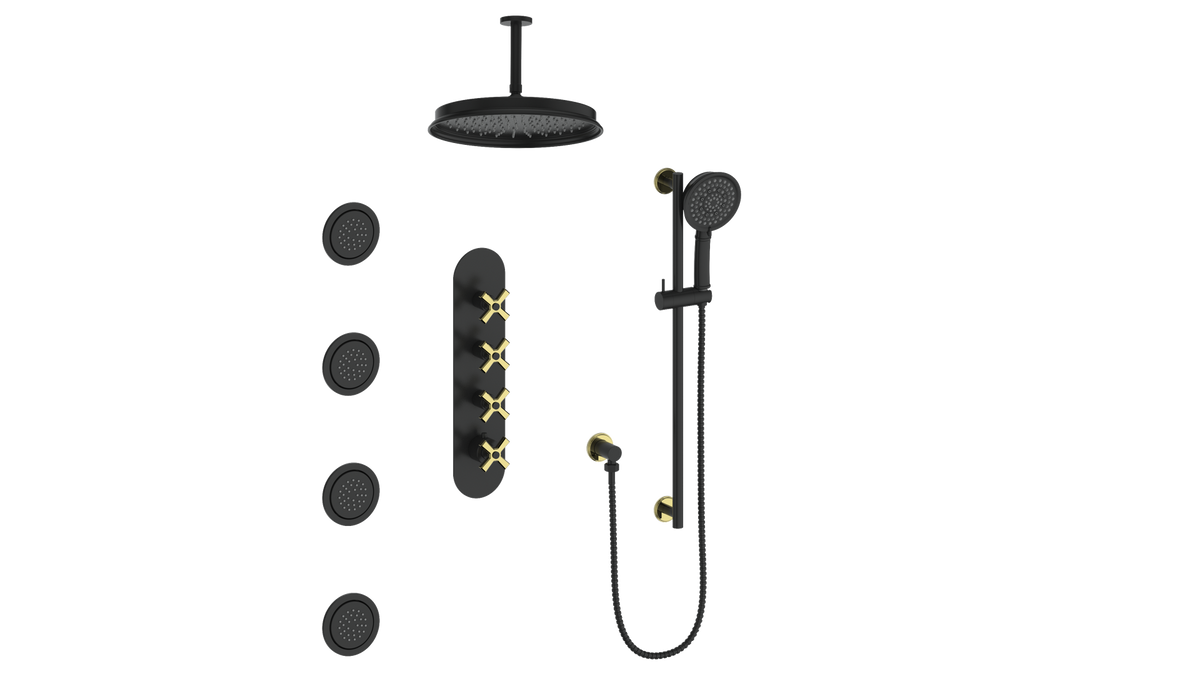 Vogt Zehn 3/4" High-Flow TH Shower Kit with Body Jets and 6" Ceiling Arm - 4-Spoke Handle (Z4) / Brushed Gold/Matte Black