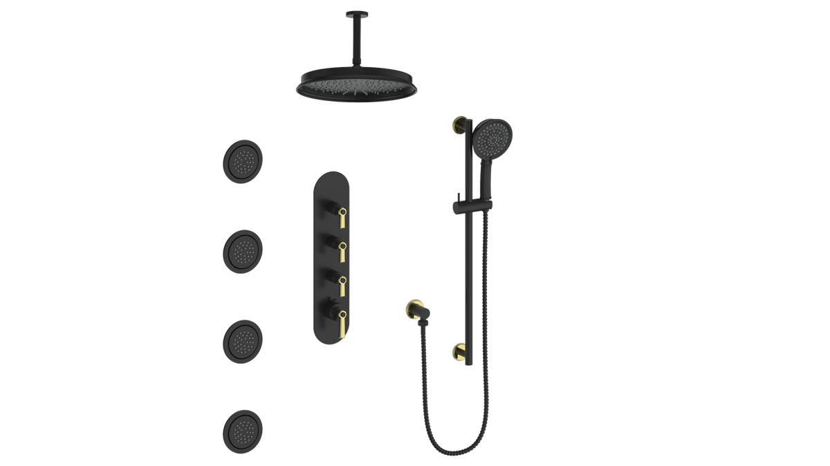Vogt Zehn 3/4" High-Flow TH Shower Kit with Body Jets and 6" Ceiling Arm - Lever Handle (Z1) / Brushed Gold/Matte Black