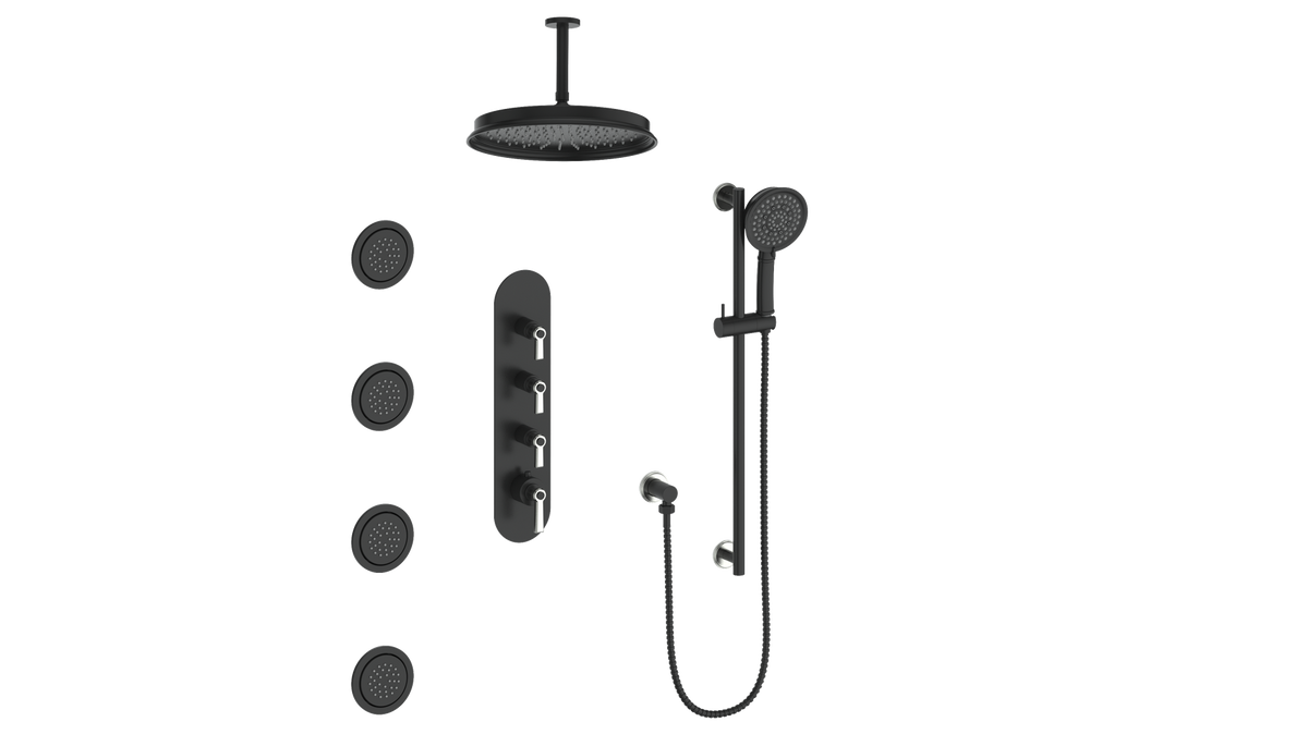 Vogt Zehn 3/4" High-Flow TH Shower Kit with Body Jets and 6" Ceiling Arm - Lever Handle (Z1) / Stainless Steel/Matte Black