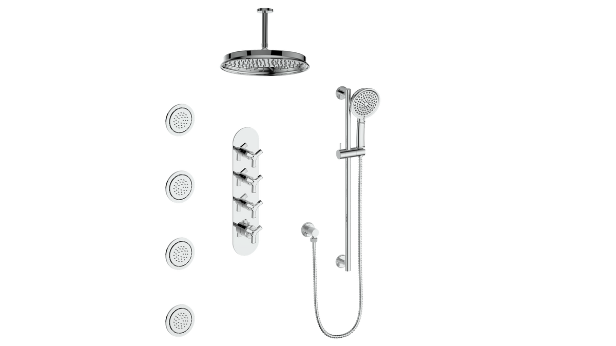 Vogt Zehn 3/4" High-Flow TH Shower Kit with Body Jets and 6" Ceiling Arm - 3-Spoke Handle (Z3) / Chrome