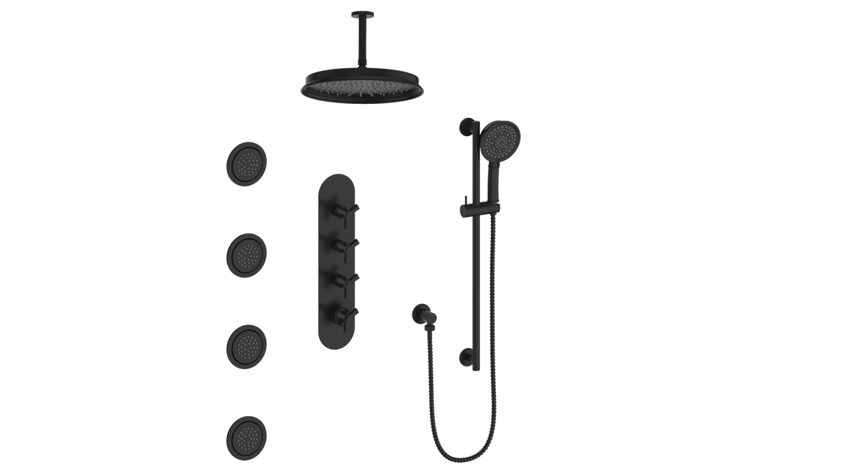 Vogt Zehn 3/4" High-Flow TH Shower Kit with Body Jets and 6" Ceiling Arm - 3-Spoke Handle (Z3) / Matte Black