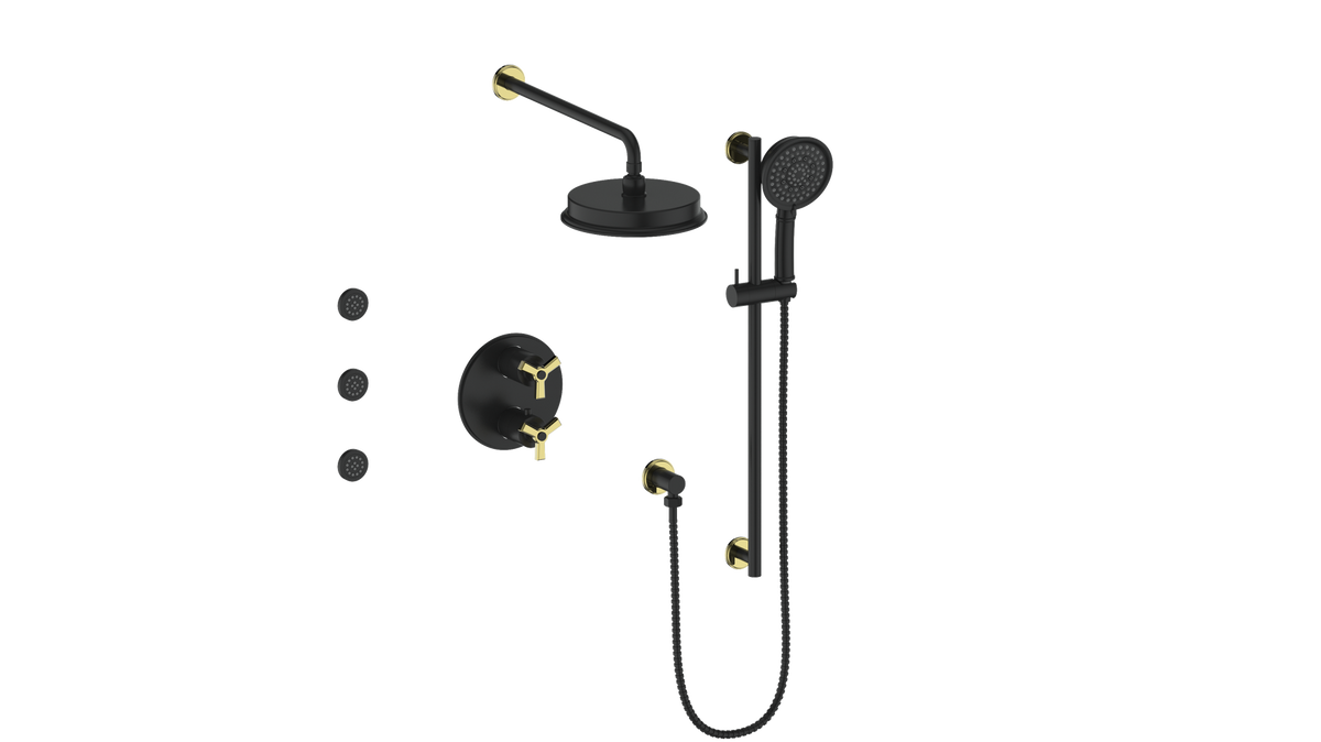 Vogt Zehn 3-Way TH Shower Kit with Body Jets - 3-Spoke Handle (Z3) / Brushed Gold/Matte Black