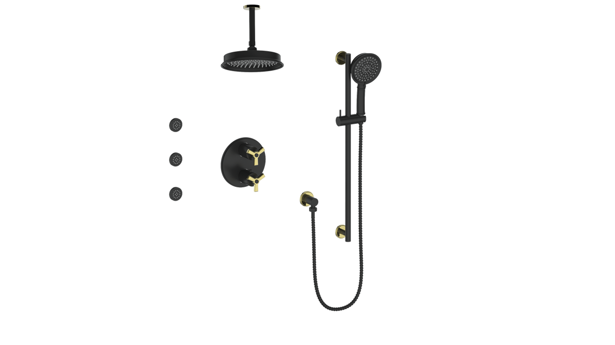 Vogt Zehn 3-Way TH Shower Kit with Body Jets and 6" Ceiling Arm - 3-Spoke Handle (Z3) / Brushed Gold/Matte Black