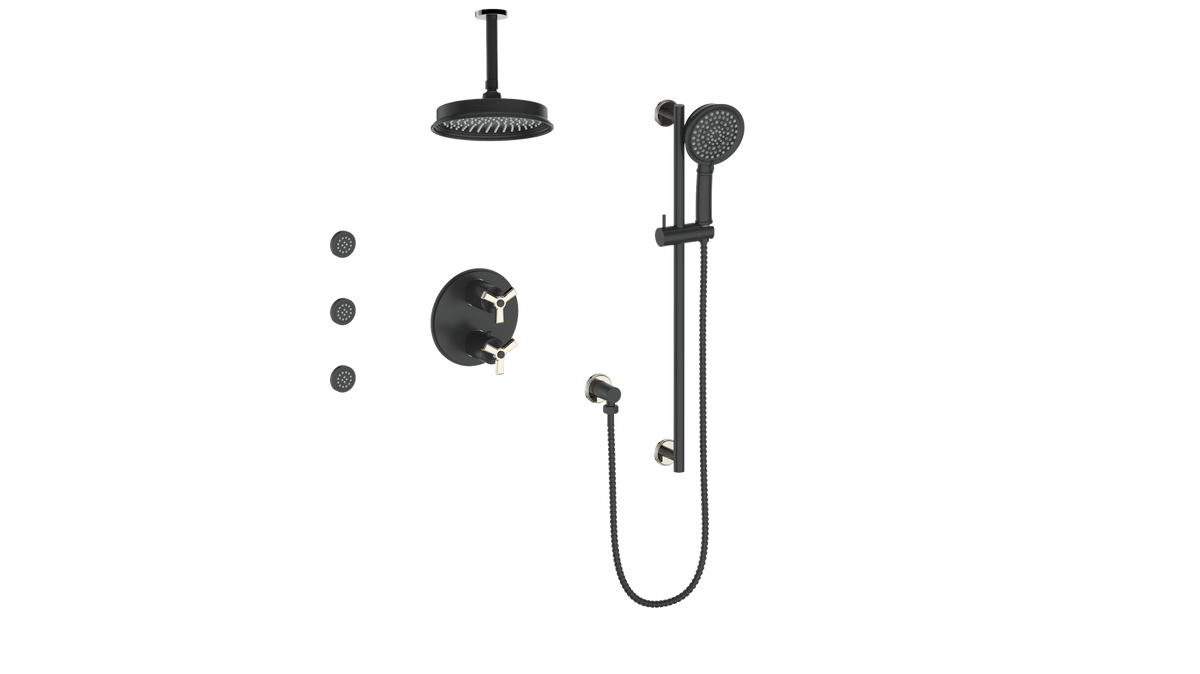 Vogt Zehn 3-Way TH Shower Kit with Body Jets and 6" Ceiling Arm - 3-Spoke Handle (Z3) / Polished Nickel/Matte Black