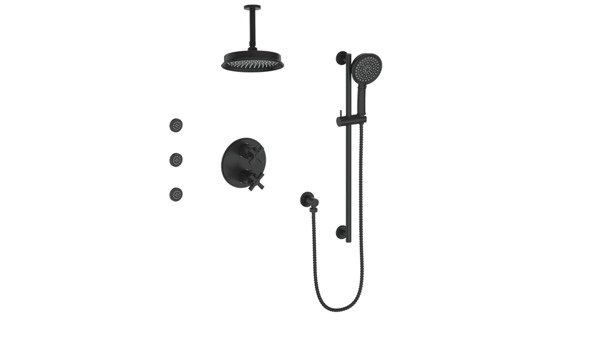 Vogt Zehn 3-Way TH Shower Kit with Body Jets and 6" Ceiling Arm - 4-Spoke Handle (Z4) / Matte Black