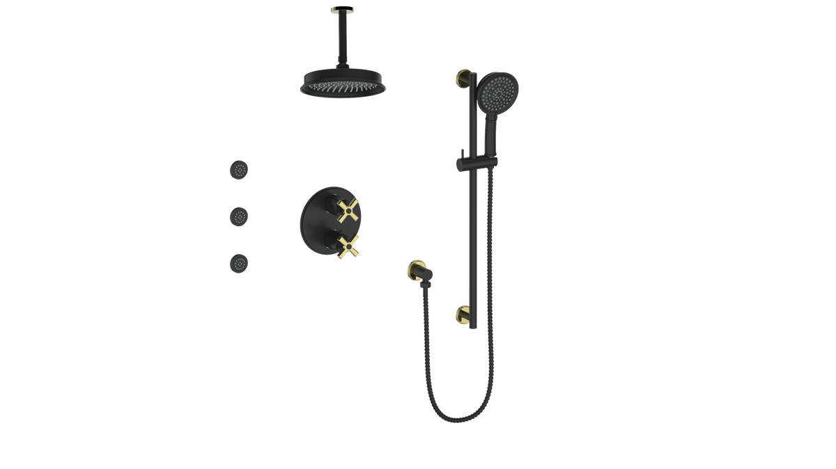 Vogt Zehn 3-Way TH Shower Kit with Body Jets and 6" Ceiling Arm - 4-Spoke Handle (Z4) / Brushed Gold/Matte Black