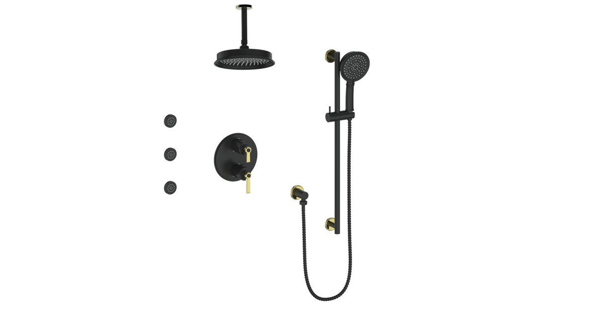 Vogt Zehn 3-Way TH Shower Kit with Body Jets and 6" Ceiling Arm - Lever Handle (Z1) / Brushed Gold/Matte Black