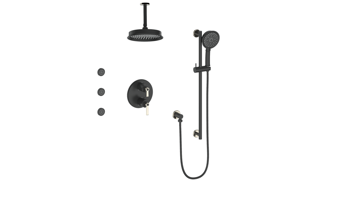 Vogt Zehn 3-Way TH Shower Kit with Body Jets and 6" Ceiling Arm - Lever Handle (Z1) / Polished Nickel/Matte Black