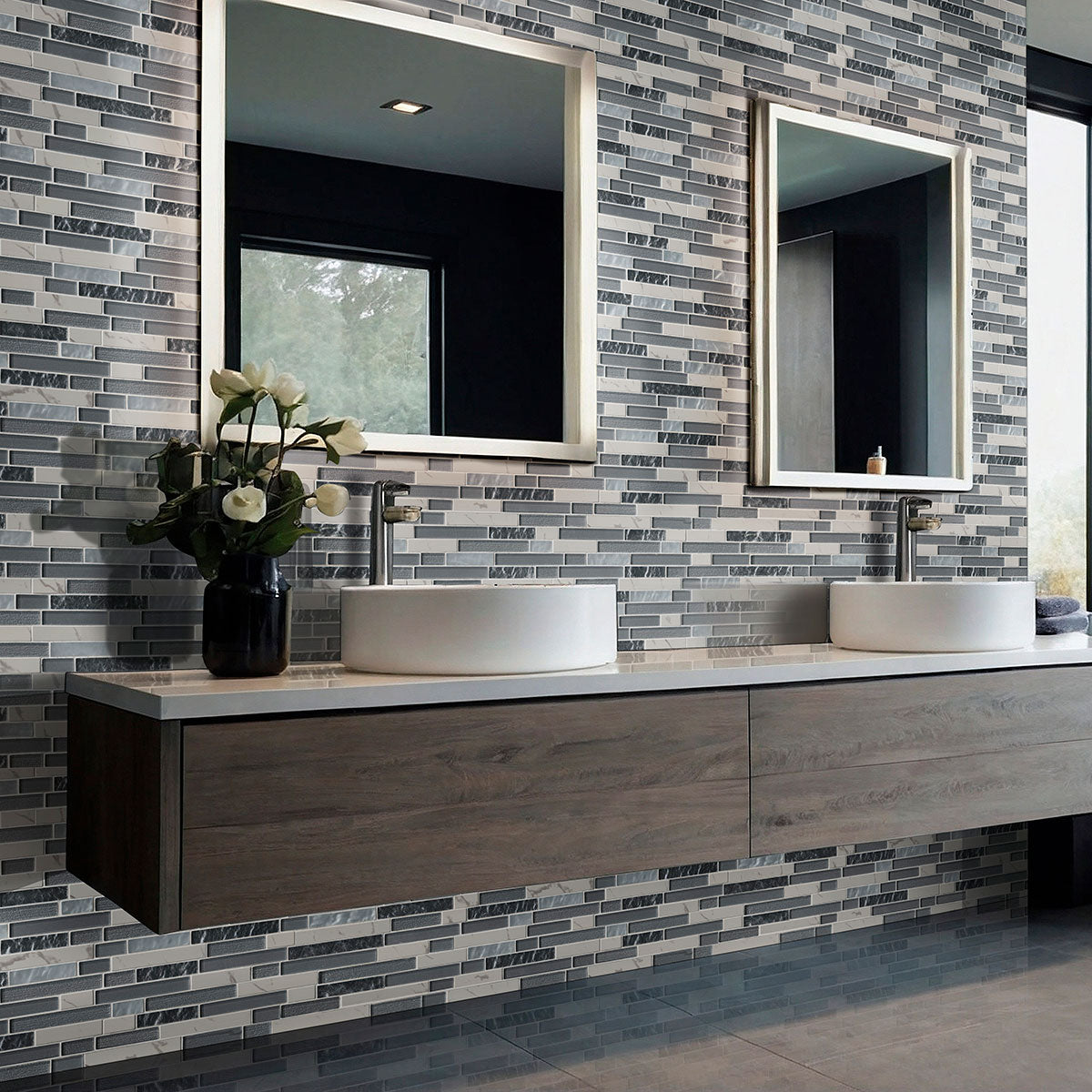 MSI Whistler Ice Interlocking Porcelain Glass mosaic (SMOT-GLSPIL-WHISTIC8MM) – MSI room scene (bathroom)