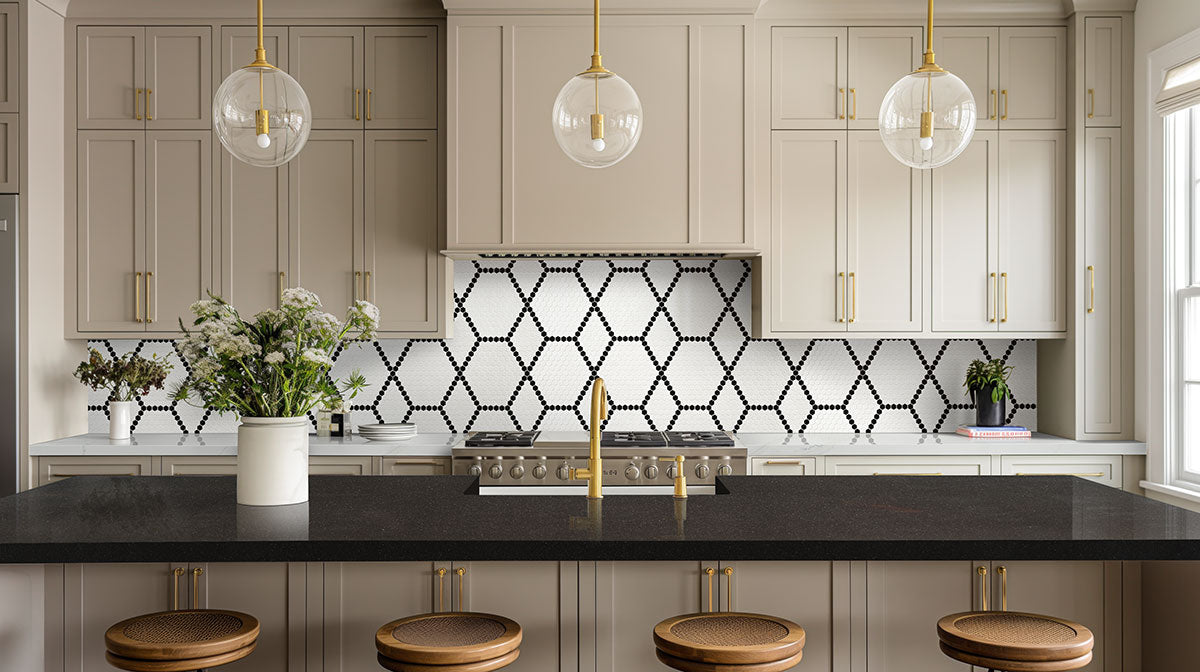 MSI White & Black Hive Pattern 1" Hexagon Matte Porcelain mosaic (SMOT-PT-RETBIANER-HIVM) – MSI room scene (kitchen)