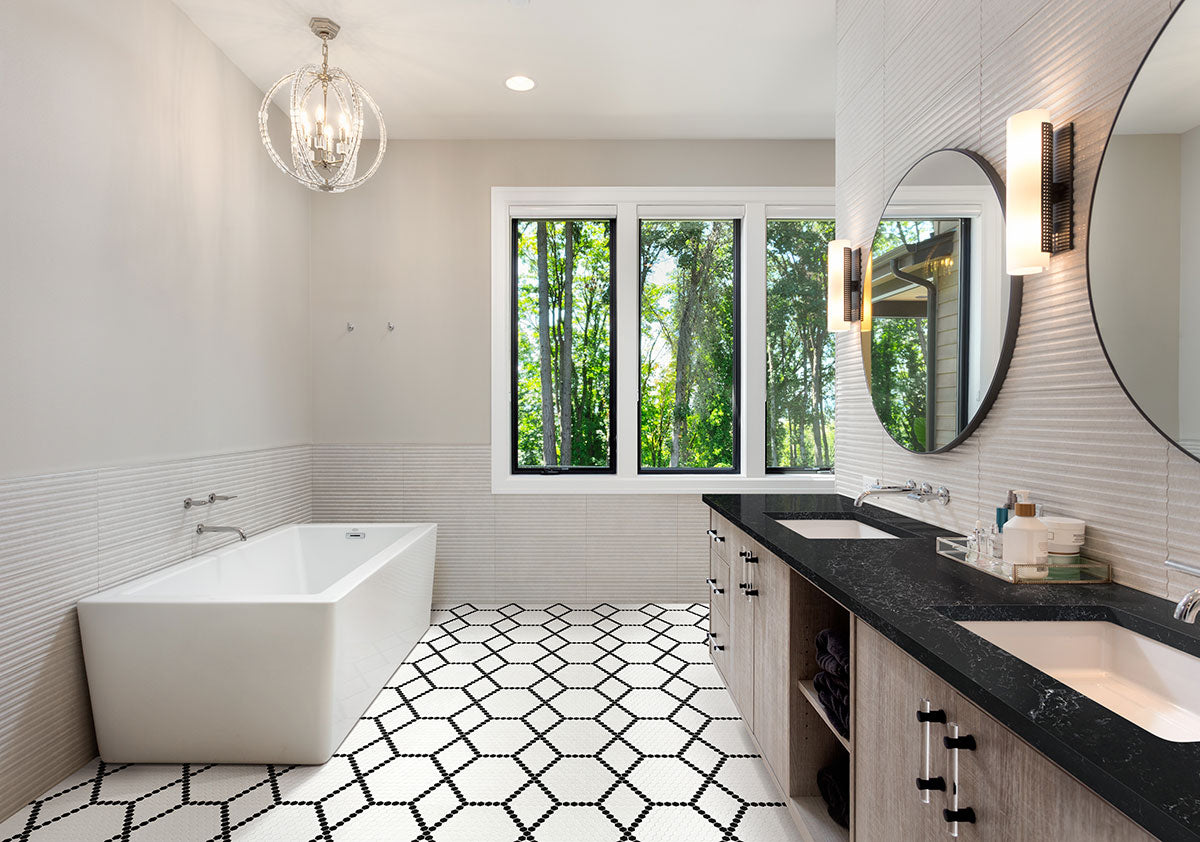MSI White & Black Hive Pattern 1" Hexagon Matte Porcelain mosaic (SMOT-PT-RETBIANER-HIVM) – MSI room scene