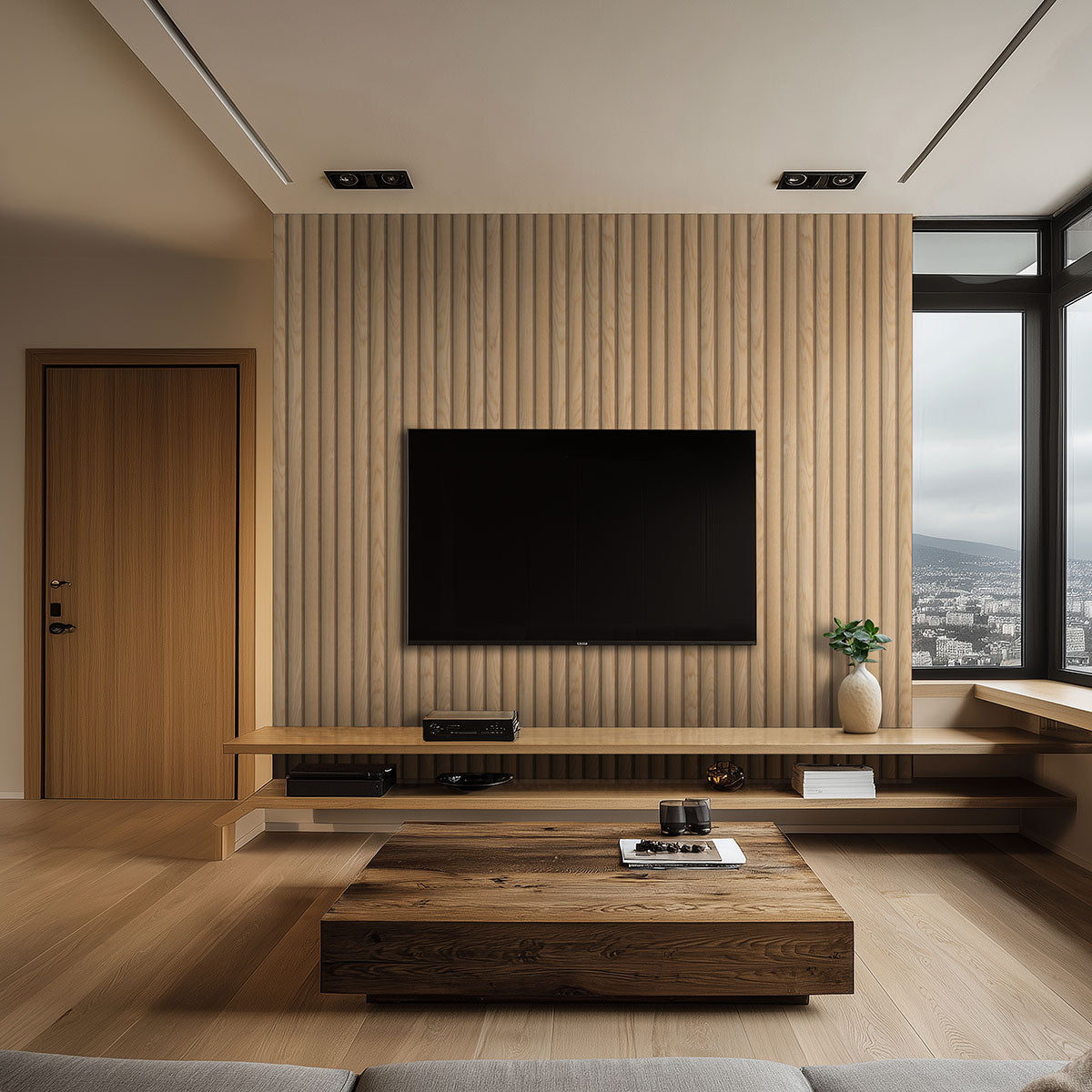 MSI Natural Reeded 9.5 x 94.5 Wood slat panel (WPNL-ACWNATREE9.5X94.5) – MSI room scene (living room)