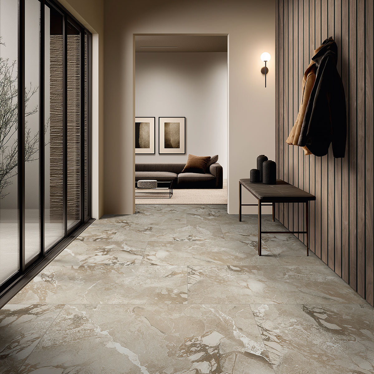 MSI Tawny Macro 10.63 x 94.5 Wood slat panel (WPNL-ACWFLTTAWMAC10.63X94.5) – MSI room scene (entryway)
