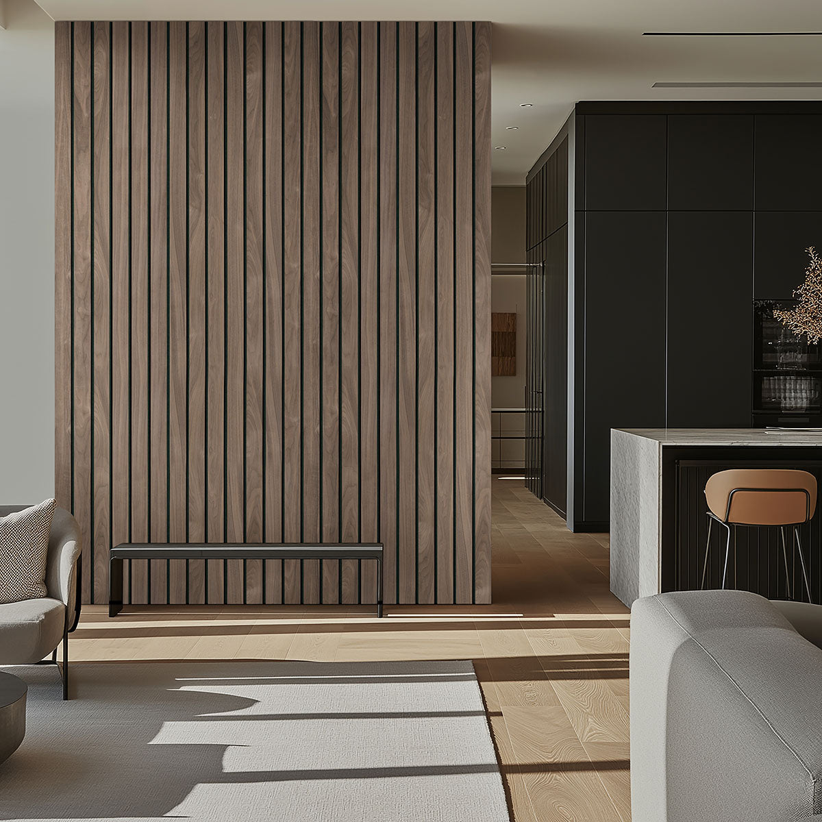 MSI Tawny Macro 10.63 x 94.5 Wood slat panel (WPNL-ACWFLTTAWMAC10.63X94.5) – MSI room scene (living room)