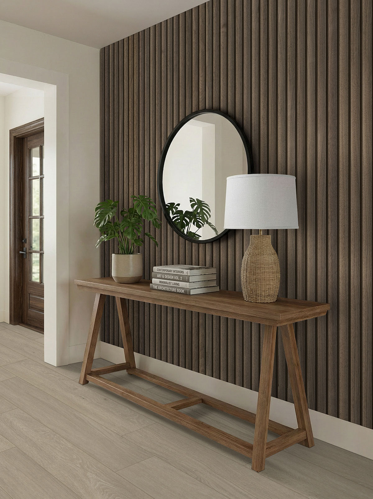 MSI Tawny Reeded 9.5 x 94.5 Wood slat panel (WPNL-ACWTAWREE9.5X94.5) – MSI room scene (entryway)