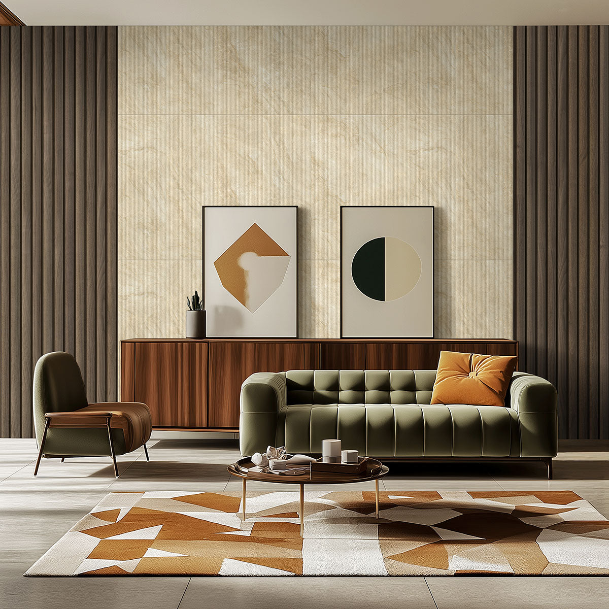 MSI Tawny Reeded 9.5 x 94.5 Wood slat panel (WPNL-ACWTAWREE9.5X94.5) – MSI room scene (living room)