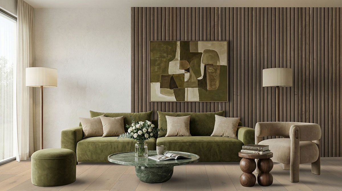 MSI Tawny Reeded 9.5 x 94.5 Wood slat panel (WPNL-ACWTAWREE9.5X94.5) – MSI room scene (living room)