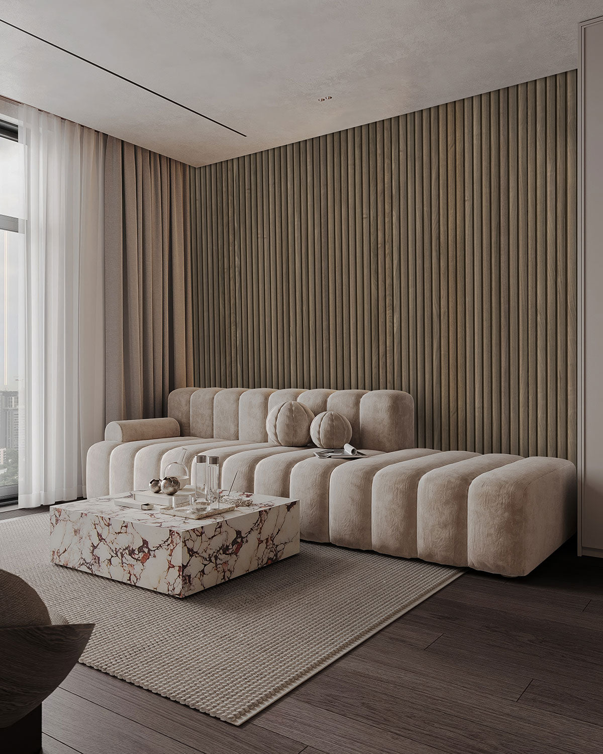 MSI Tawny Reeded 9.5 x 94.5 Wood slat panel (WPNL-ACWTAWREE9.5X94.5) – MSI room scene (living room)