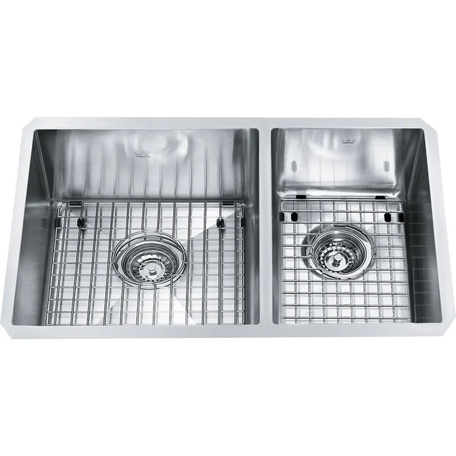 Kindred Designer 26" x 18" Stainless Steel 18 Gauge 2-Bowl Undermount Kitchen Sink With Bottom Grid- Satin KCUC27R-9-10BG Kindred