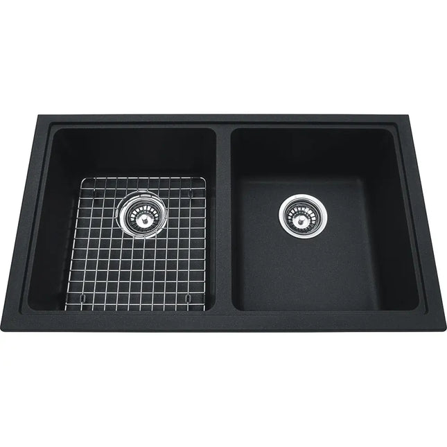 Kindred Mythos 31.56" x 18.13" Granite Double Bowl Equal Undermount Kitchen Sink With Bottom Grid and Waste Fittings Onyx KGD1U-8ON Kindred