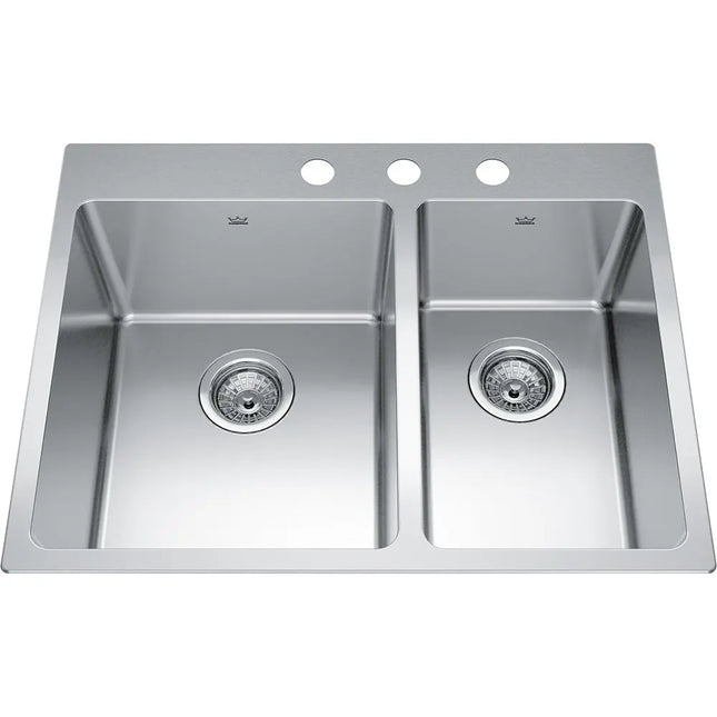 Kindred Brookmore 27" x 21" Drop in 3 Faucet Hole Double Bowl Stainless Steel Kitchen Sink BCL2127R-9-3 Kindred