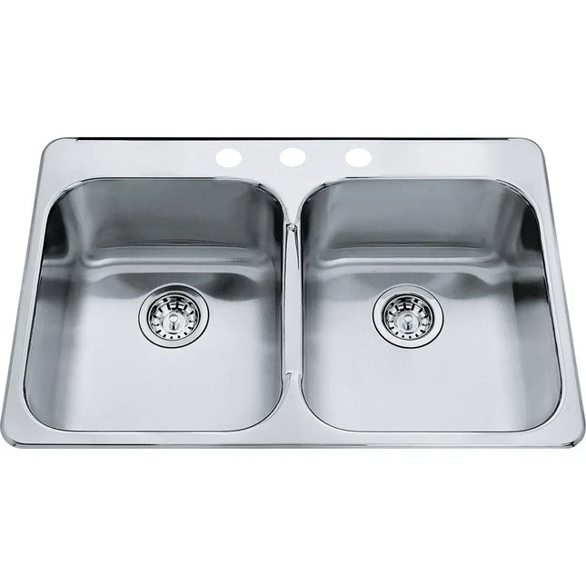 Kindred Steel Queen 31.25" x 20.5" Stainless Steel 20 Gauge Double Bowl, Equal Drop-In 3-Hole Kitchen Sink QDL2031-8-3 Kindred