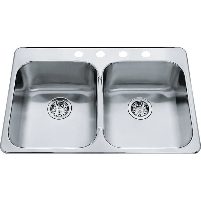 Kindred Steel Queen 31.25" x 20.5" Stainless Steel 20 Gauge Double Bowl, Equal Drop-In 4-Hole Kitchen Sink QDL2031-8-4 Kindred