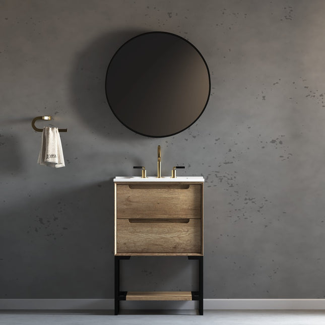 Virta Ashley Floor Mount 24" Single Sink Vanity in a Natural Oak Finish with Black Metal Legs and 1-hole Porcelain White Countertop Virta