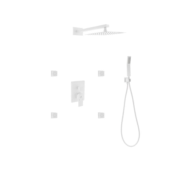 Kube Bath Aqua Piazza White Brass Shower Set W/ 8" Square Rain Shower, 4 Body Jets And Handheld Kube Bath